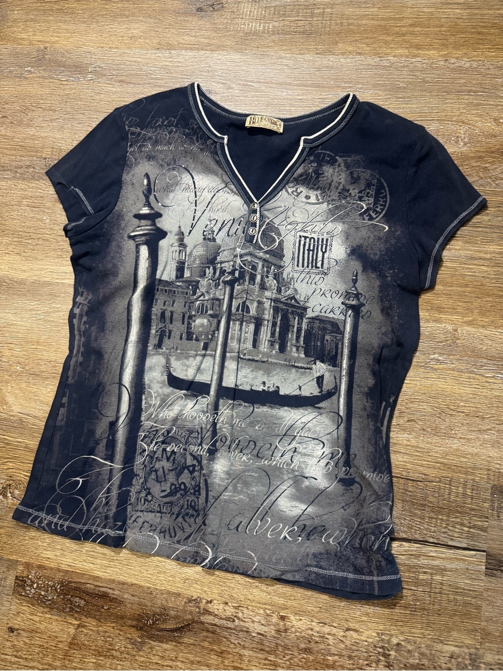 Blue Canyon Womens Y2K AOP Venice Italy Short Sleeve Shirt Black‎ Grey XL